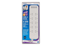 Jackson 1m White 10 Outlet Surge Protected + 6 USB Ports with Master Switch