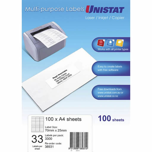 Unistat 38931 Printable Labels 100 Sheets 33 Per Page - Lowest Prices Guaranteed! | Inkjet Wholesale